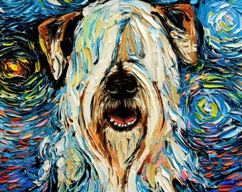 Wheaten Terrier Art - Starry Night Art Print dog art by Aja colorful dog canine and 8x8, 10x10, 12x12, 20x20, and 24x24