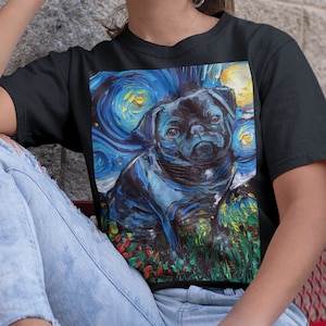 Shirt - Black Pug Starry Night Dog Short-Sleeve Unisex T-Shirt Art by Aja Soft top clothing Apparel