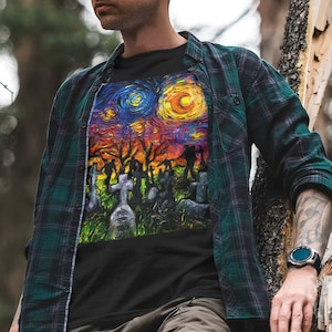 Shirt - Starry Night of the Living Dead Short-Sleeve Unisex T-Shirt Zombie Halloween Art by Aja Soft top clothing Artwork Apparel