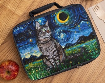 Lunch Bag - Tabby Cat Starry Night Gray Tiger Kitty and Eclipse 9.5x7x2.8 inches Insulated Lunch Box Art by Aja