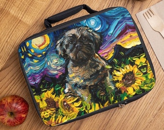 Lunch Bag - Brown Shih Tzu and Sunflowers Starry Night Dog 9.5x7x2.8 inches Insulated Lunch Box Art by Aja