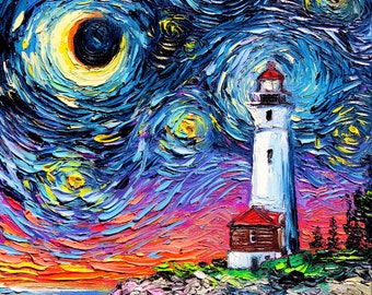 Lighthouse Art Print - Starry Night Light Landscape The Way Home by Aja 5x5, 8x8, 10x10, 12x12, 20x20, and 24x24 choose