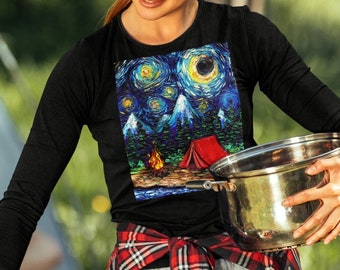 Unisex Long Sleeve Tee Shirt - Great Outdoors Camping Starry Night Art by Aja Bella + Canvas 3501 clothing Apparel campfire moon tent art