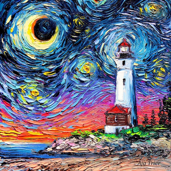 Lighthouse Art Print - Starry Night Light Landscape The Way Home by Aja 5x5, 8x8, 10x10, 12x12, 20x20, and 24x24 choose