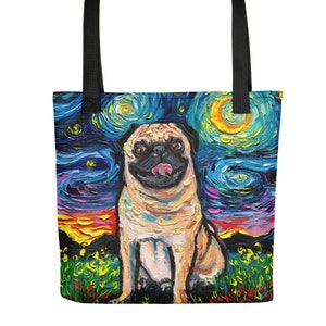 Fawn Pug Dog Starry Night Tote bag handbag artwork by Aja dog lover gift 15x15 inches printed both sides