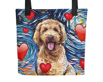 Goldendoodle Dog Starry Night and Hearts Tote bag handbag artwork by Aja dog lover gift Valentine's Day Cute art