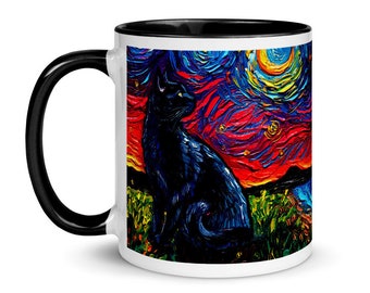 Black Cat with moon Starry Night Coffee Mug with Color Inside Cat Lover Starry Night Art by Aja ceramic cup 11 fluid ounces