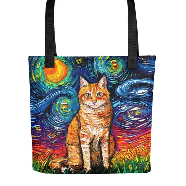 Orange Tabby Cat Colorful Starry Night Tote bag handbag artwork by Aja cat lover gift gym shopping grocery bag carry all