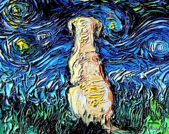 May include: A white dog stands in front of a blue and yellow starry night sky. The dog is painted in a thick, textured style, reminiscent of Van Gogh's Starry Night.