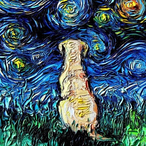 Yellow Labrador Art Starry Night Art Print dog lover gift cute art by Aja 8x8, 10x10, 12x12, 20x20, and 24x24 inches choose size Lab puppy