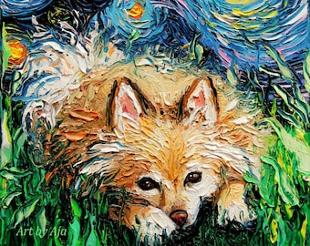 May include: A painting of a dog with white fur and brown patches, lying in green grass. The background is a blue and yellow starry night sky.