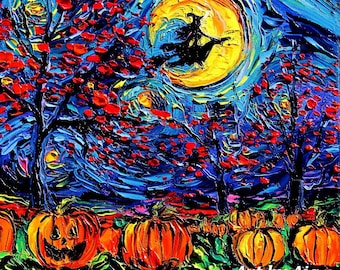 Witch on broom silhouette pumpkin patch crescent moon Halloween Starry Night Art by Aja DIGITAL DOWNLOAD