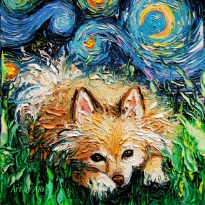 Pomeranian Art  Starry Night Dog Print Wall Decor by Aja colorful cute sleepy Pom dog canine choose size and type of paper