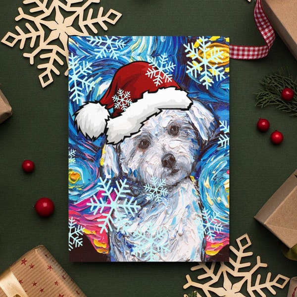 Maltese Starry Night Dog Christmas Folded Greeting Cards 4.25x5.5 Inches With Envelopes Holiday Stationary in packs of 1,5,10, or 25 cards