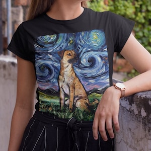 Shirt - Black Mouth Cur Starry Night Dog Short-Sleeve Unisex T-Shirt Art by Aja Soft top clothing Apparel