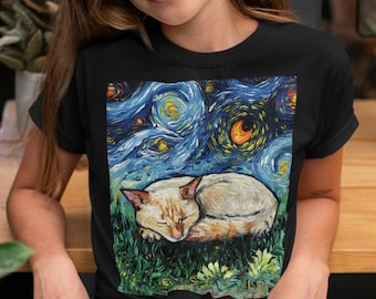 Shirt  Sleeping Flame Point Siamese Cat Starry Night ShortSleeve Unisex TShirt Art by Aja Soft top clothing Apparel