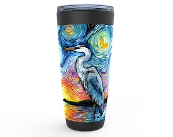 Great Blue Heron Tumbler, Starry Night Art, Insulated Stainless Steel