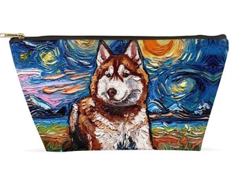 Red And White Husky Dog Starry Night Art Accessory Pouch With T-Bottom Stand Up Travel / Makeup Bag Choose Size