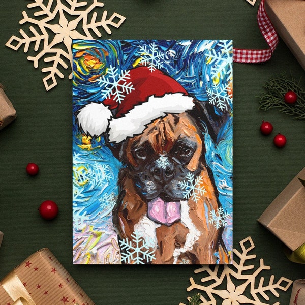 Boxer Dog Starry Night Christmas Folded Greeting Cards 4.25x5.5 Inches With Envelopes Holiday Stationary packs of 1,5,10, or 25