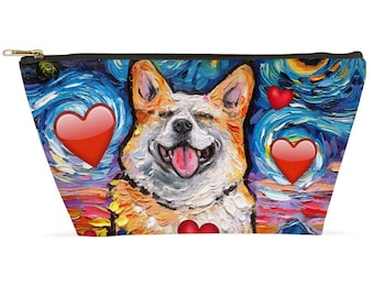 Smiling Pembroke Welsh Corgi And Hearts Dog Starry Night Art Accessory Pouch With T-Bottom Stand Up Travel / Makeup Bag Choose Size