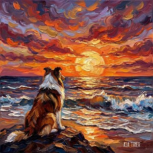 Op de afbeelding: Olieverfschilderij van een hond die naar een zonsondergang boven de oceaan kijkt. De lucht is gevuld met oranje, rode en paarse wolken. De hond heeft bruine en witte vacht. De handtekening van de kunstenaar, AJA Trier, staat rechtsonder.