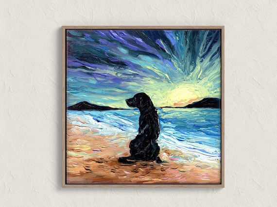 Black Labrador Beach Sunset Art Print Black Lab Dog Wall Artwork Dog Lover Gift Gallery Wall Art Labrador Pet Mom Sunset Coastal Home Decor