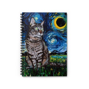 Spiral Notebook - Ruled Line Tabby Cat and Eclipsed Moon Starry Night Soft Cover 8x6x.6 inch Journal Stationary Art by Aja Free shipping