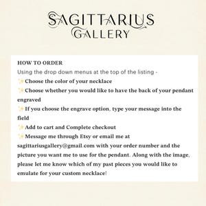 May include: The image features the text "SAGITTARIUS GALLERY" at the top. Below, it provides instructions on how to order a custom necklace, including choosing the color, engraving options, and contacting the seller via Etsy or email.