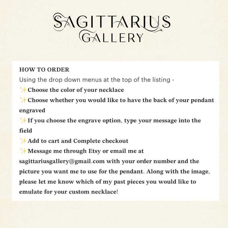 May include: The image features the text "SAGITTARIUS GALLERY" at the top. Below, it provides instructions on how to order a custom necklace, including choosing the color, engraving options, and contacting the seller via Etsy or email.