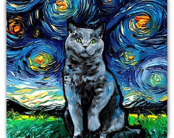 Magnet - British Blue Shorthair With Green Eyes Starry Night Cat Art Animal Refrigerator Magnet 3x3 Or 4x6 Inch Sizes Choose Cute Pet Art