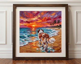 Saint Bernard Art Print Dog Beach Summer Beach Home Decor Paper or Canvas