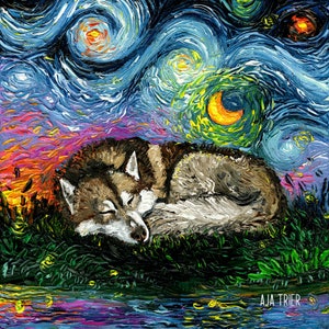 Sleeping Brown Siberian Husky Dog Starry Night Art Print picture by Aja choose size, Photo Paper Watercolor Paper artwork home decor