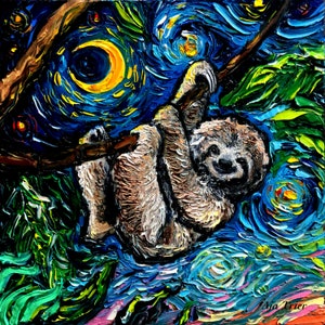 Cute 3 three toed Sloth Art CANVAS print Starry Night Ready to Hang wall decor artwork display by Aja exotic animal home decoration
