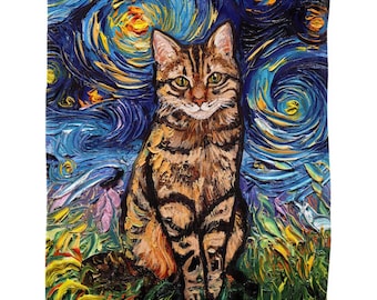 Brown Tabby Cat Starry Night 60x50 Inch Fleece Throw Blanket Art By Aja Home Decor Soft Housewares Free US Shipping