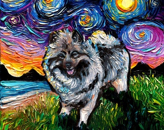 Keeshond Art Starry Night Art Print dog picture by Aja choose size and type of paper - Photo Paper or Watercolor Paper artwork home decor