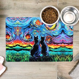 Pet Mat - Black Cats Starry Night Feeding Mat Non-Slip Rubber 12x18 inches Art by Aja Printed in the USA Placemat