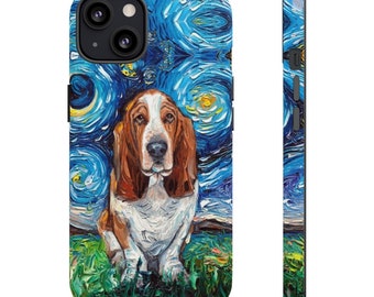 Impact Resistant Tough Phone Case Basset Hound Starry Night Dog Art By Aja Free shipping Choose Iphone or Samsung UV Protected