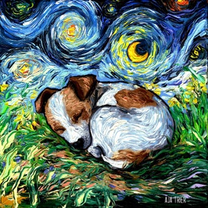 Sleeping Jack Russell Terrier Puppy Dog Starry Night Art Print picture by Aja choose size, Photo Paper Watercolor Paper artwork home decor