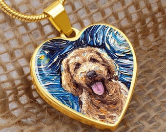 Goldendoodle Hjärthänge Halsband: Stjärnklar Natt Husdjursporträtt, Graverad Gåva