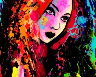 Abstract Female Portrait - Pop Surrealism Neon Contemporary Art print reproduction by Aja 9x12 18x24 choose size Electricity