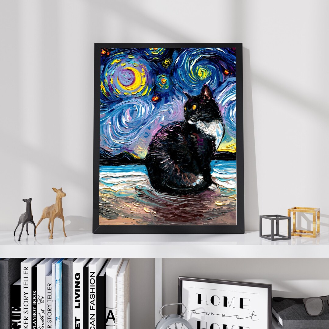 Tuxedo Cat With Starry Night Beach Landscape Art Print Black and White ...