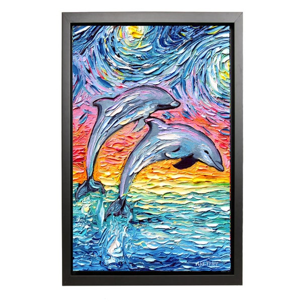 Dolphins Jumping Art huge 24x36 Ready to hang Black Framed CANVAS print Starry Night Seascape van Gogh Never Saw Paradise by Aja ocean sea