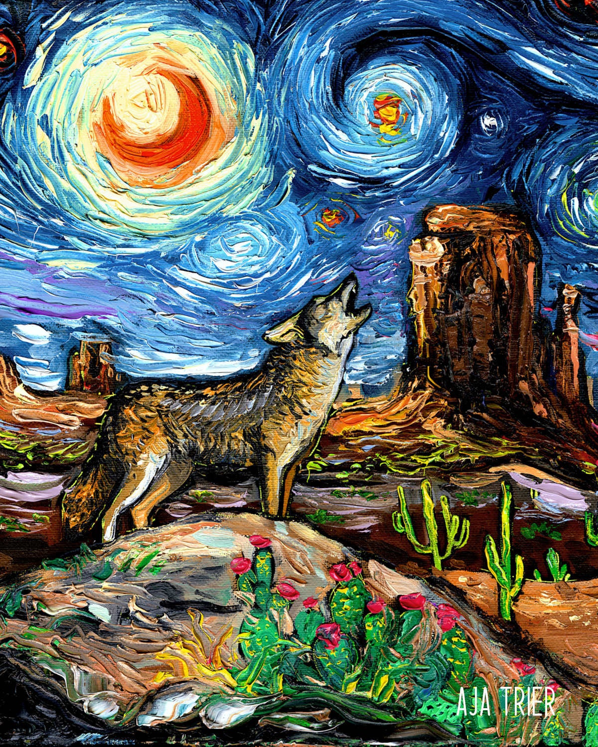 Southwest Art Starry Night Coyote Art CANVAS Print by Aja Wall Art