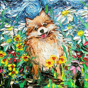 Pomeranian Art  Starry Night Art Print toy dog art Happy by Aja colorful dog 8x8 10x10 12x12 20x20 and 24x24