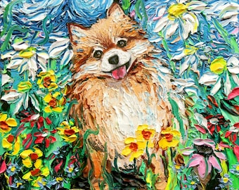 May include: A painting of a small, fluffy, brown and white dog with a happy expression. The dog is standing in a field of colorful flowers, including daisies, yellow flowers, and red flowers. The background is a blue and white swirl pattern.
