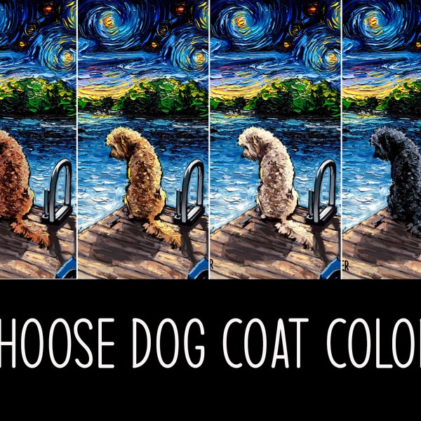 Goldendoodle on Dock Art CANVAS print Starry Night choose Dog coat color Ready to Hang wall decor artwork display by Aja animal home Artwork