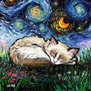 Sleeping Ragdoll Kitten Cat Starry Night Art Print picture by Aja choose size, Photo Paper Watercolor Paper artwork home decor pet kitty