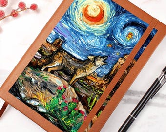 Southwest Leder Journal Sternennacht Tagebuch Schreibbuch Coyote im Monument Valley Kunst Geschenk
