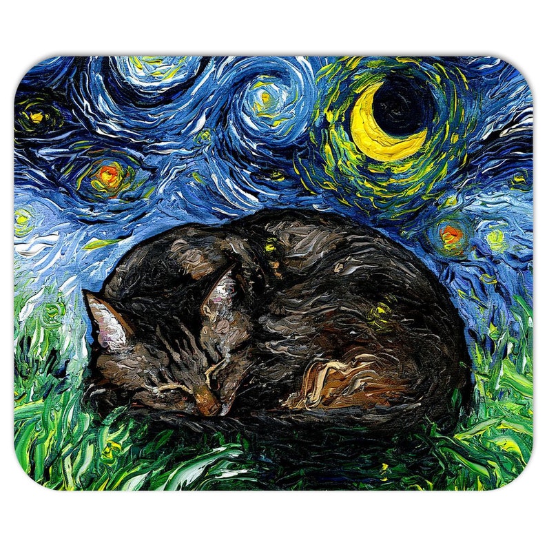 May include: A black cat sleeping in a field of green grass under a starry night sky. The sky is painted in a swirling blue and yellow pattern with a crescent moon. The cat's fur is painted in a realistic style.