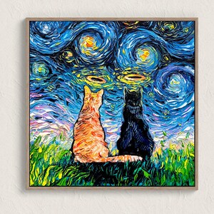 May include: A painting of two cats sitting side-by-side, looking up at a starry night sky. The painting is done in a style reminiscent of Vincent van Gogh's 'Starry Night'.